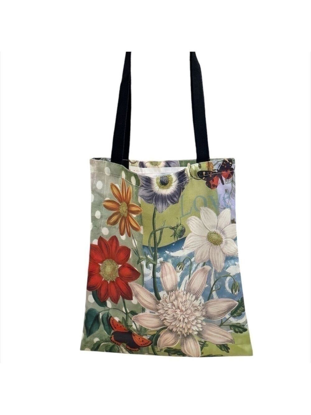 Floral Polyester Tote Bag Butterfly Accents
